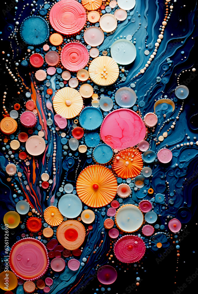 Poster abstract bright psychedelic background with colored circles and waves. generated ai.