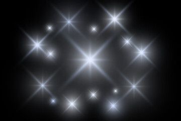 Set of stars on black background. Stock illustration. Blue stars. Glow bright stars. Light effect. Isolated stars on black background. Nice cool glow. Use Screen transparency mode.