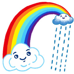 Colorful Rainbow with Cloud and Raindrops, cute cartoon character illustration isolated on white background. Hand drawn pastel, crayon, oil pastel and chalk paint
