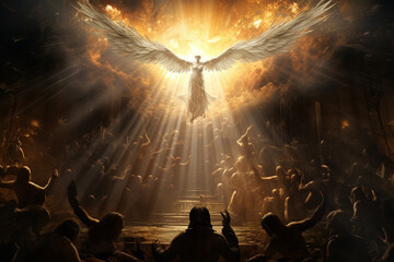 Angel surrounded by menacing dark forces and demons, showcasing the epic clash of light and darkness. Ai generated