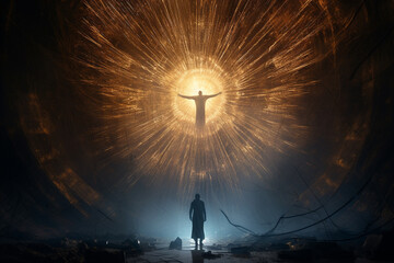 Angel surrounded by menacing dark forces and demons, showcasing the epic clash of light and darkness. Ai generated