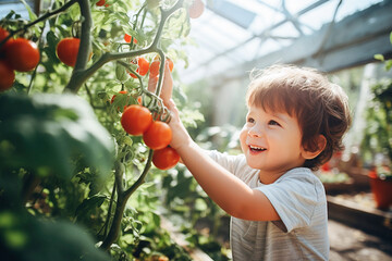 Toddler boy having fun in a greenhouse - Powered by Adobe