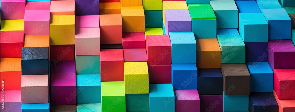 Poster colorful cubes stack on surface - abstract background with copy space, generative ai