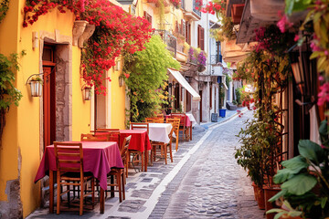 Fototapeta na wymiar Cozy pedestrian street in Greece