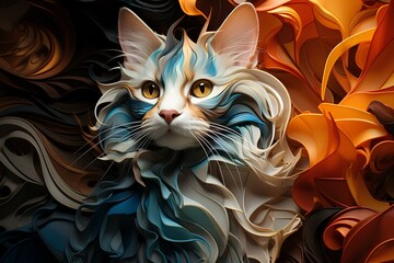 a sassy cat, impressionist abstract cubism tiny smooth wavy segments made of silk fabric, intricate details, harmonious waves.