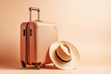 Suitcase with wicker hat on beige background. Travel concept