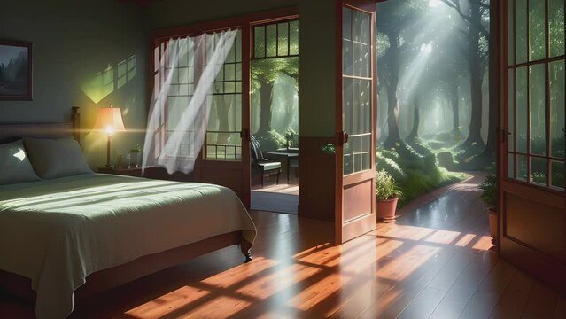 Atmosphere of the bedroom from a traditional house with beautiful tropical views. Cartoon or anime watercolor painting illustration style. seamless looping 4K time-lapse video animation background.