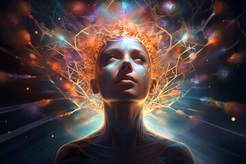 Woman enveloped by an expansive universe of thoughts, memories, and mental programs that emerge from her subconscious mind. Ai generated