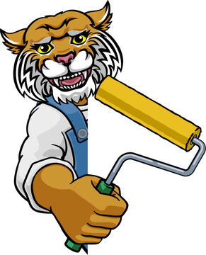 A wildcat painter decorator handyman cartoon construction man mascot character holding a paint roller tool
