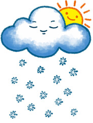 Cute Cloud with Sun and snowflake falling, cute cartoon character illustration isolated on white background. Hand drawn pastel, crayon, oil pastel and chalk paint