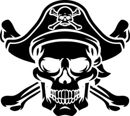 A pirate skull and crossbones jolly roger grim reaper cartoon wearing captain a hat and eye patch