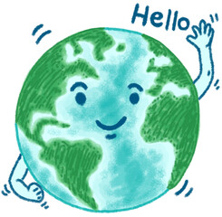 Cute planet earth say Hello, cartoon character illustration isolated on white background. Hand drawn pastel, crayon, oil pastel and chalk paint