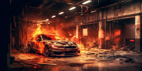 Brennendes Auto in der Garage KI
