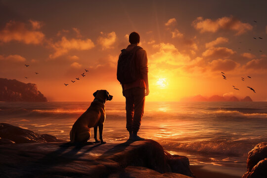 Timeless bond between a man and his loyal canine companion, as they share a serene and heartwarming sunset walk along the beautiful beach. Ai generated