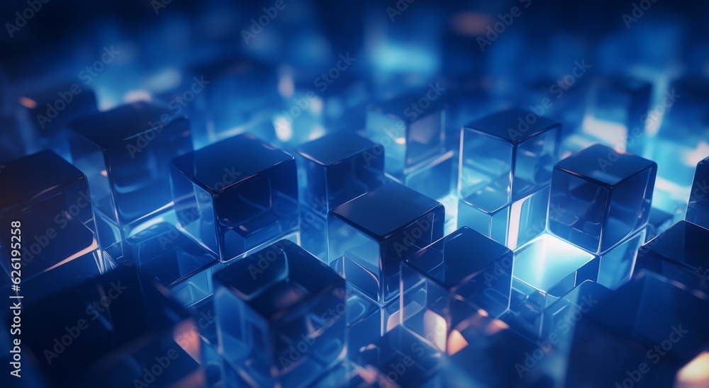 Poster abstract blue cubes background with geometric shapes and copy space, generative ai
