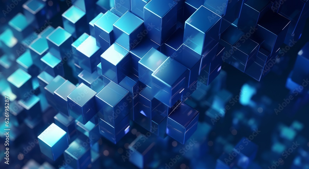 Poster abstract blue cubes background with geometric shapes and copy space, generative ai