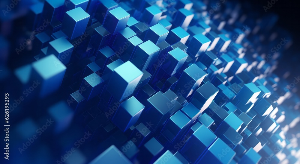 Poster abstract blue cubes background with geometric shapes and copy space, generative ai