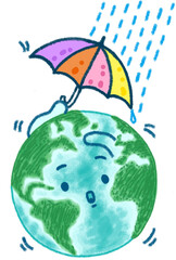 Cute planet earth holding an umbrella in the rain, World protection, Climate Change concept, cartoon character illustration isolated on white background. Hand drawn pastel, crayon, oil pastel, chalk