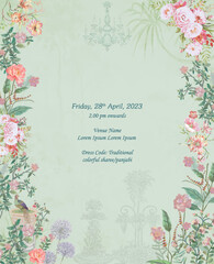 Mehndi Night Wedding Invitation Card Design with Wildflowers on a Green Background Vector Illustration.