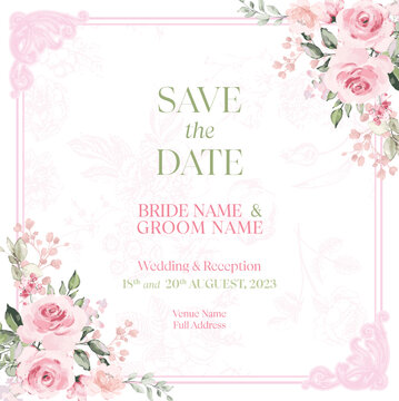 Save the date with pink watercolor flower card. Wedding invitation with pink flowers and leaves. Vector illustration.