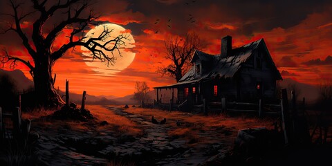 AI Generated. AI Generative. Vintage retro antique old abandoned village house. Night moon dark wooden halloween scary boo countryside building view background 