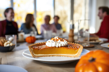 Thanksgiving family dinner. Pumpkin pie and vegan meal close up, with blurred happy people around the table celebrating the holiday.