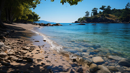 A scenic coastal view with a soft sandy beach, bordered by lush vegetation and a calm, crystal-clear sea.