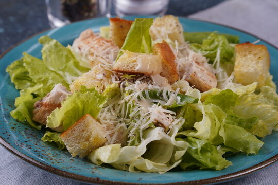 Caesar Salad with chicken fillet, croutons, Parmesan Cheese,  Yogurt Mayonnaise Sauce, traditional Italian food