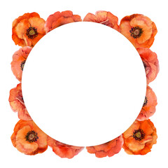 Watercolor wreath circle frame composition with hand drawn summer bright red poppy flowers. Isolated on white background. Design for invitations, wedding, love or greeting cards, paper, print, textile