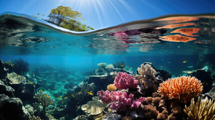 A vibrant coral reef under crystal-clear waters, teeming with a kaleidoscope of colorful fish.