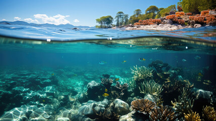 Fototapeta na wymiar A vibrant coral reef under crystal-clear waters, teeming with a kaleidoscope of colorful fish.