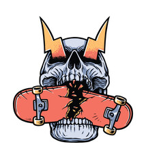 skull with skateboard in mouth