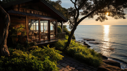 An isolated coastal cabin overlooking a serene bay, surrounded by lush greenery and a tranquil sea.