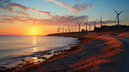 A picturesque coastal landscape with a row of windmills on the horizon, their silhouettes reflected on the calm sea.