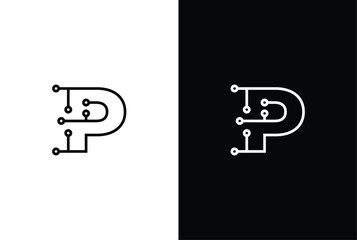 Letter P tech letter design. Technology abstract dot connection cross vector logo icon circle logotype.