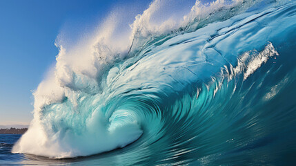 A wave's crest breaking into a delicate fan of spray, suspended in mid-air against a clear blue sky.