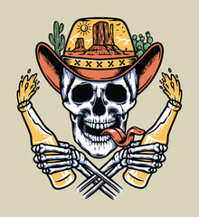 skull holding beer in desert illustration