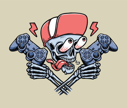 skull holding game controller illustration