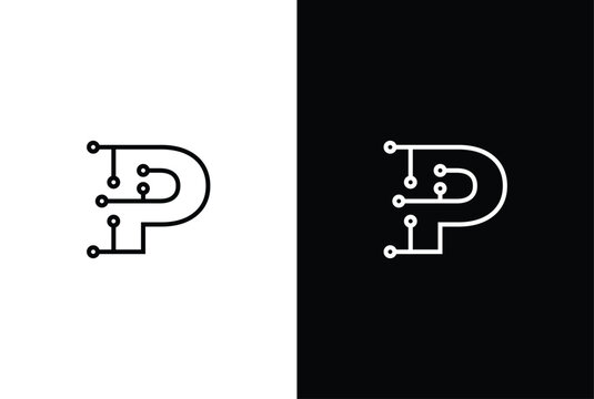Letter P tech letter design. Technology abstract dot connection cross vector logo icon circle logotype.