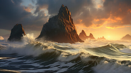 A series of tall sea stacks under a stormy sky, enduring the onslaught of furious waves.