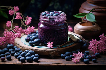 Obraz na płótnie Canvas A jar of homemade blueberry jam with fresh blueberries 