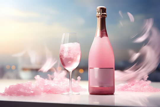 Pink champagne bottle with clean label for product design against pastel fluffy clouds and sky. Creative concept of pink sparkling wine. 3d render illustration style. 