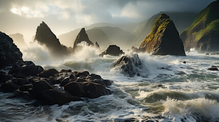 Obraz premium Harsh waves relentlessly crashing into craggy, weather-beaten cliffs under a stormy sky.
