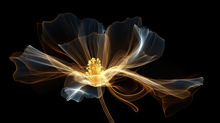 Golden x-ray image of a ethereal flower on black. Fantasy mystical blossom. Generative AI