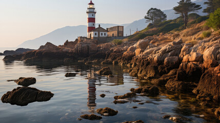 Obraz premium A tranquil view of a lighthouse perched on a rocky promontory, its beam cutting through the twilight haze.