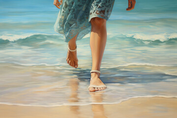 Woman's feet gracefully walking on a tranquil beach, leaving imprints in the soft, beautiful sand as sea waves gently caress the shoreline.Ai generated