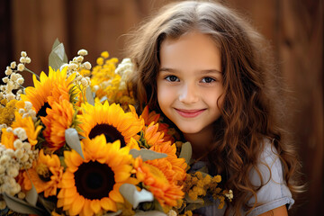 Naklejka premium Little girl holding a bouquet of sunflowers, happy and smiling 