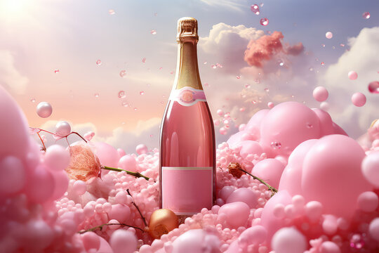 Pink champagne bottle with clean label for product design against pastel fluffy clouds and sky. Creative concept of pink sparkling wine. 3d render illustration style. 