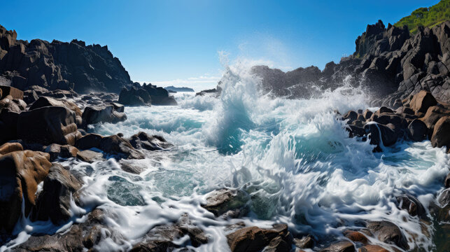 A rugged shoreline of sharp, jagged rocks being pummeled by powerful, frothing waves.