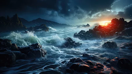 Zelfklevend Fotobehang A rocky coast during a thunderstorm, lightning striking the sea and illuminating the frothy waves. © GraphicsRF